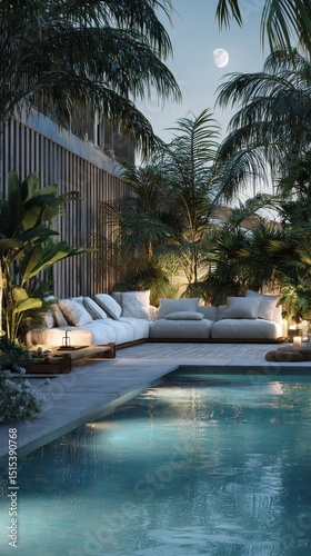 Luxurious Outdoor Lounge Area With Pool and Greenery in a Modern Setting