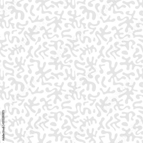 Abstract seamless pattern with organic shapes, funky chaotic doodle elements. Groovy minimal cut-out texture. Simple contemporary grey and white vector background. Subtle minimal repeated geo design