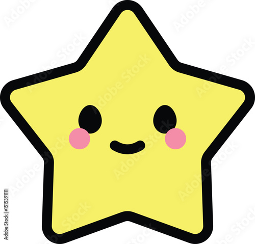 Yellow smiling star character icon with bold black outline and blushing cheeks