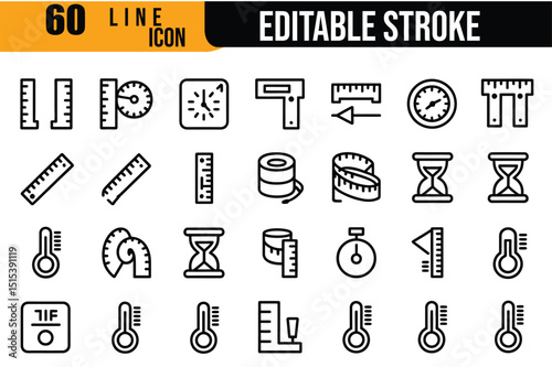 Collection of Measurement Tools and Timekeeping Devices in Editable Stroke Line Icon Style