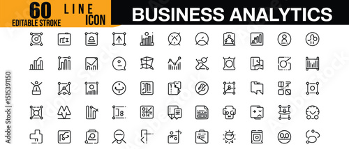 Sixty Business Analytics Line Icons with Editable Stroke for Data Visualization