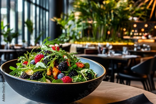 Fresh Arugula Salad With Strawberries and Nuts Served in a Rustic Bowl on a W...