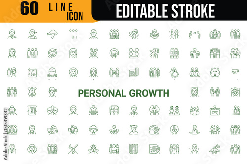 Sixty Green Line Icons Representing Personal Growth and Self Improvement Concepts