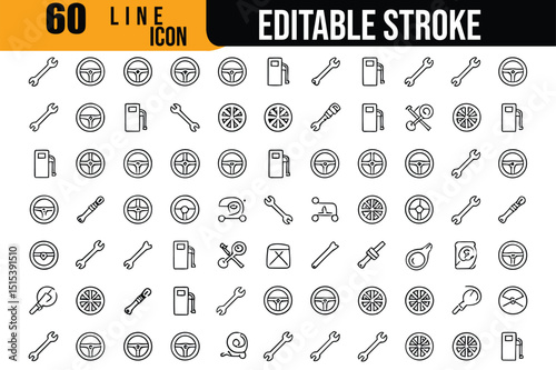 Sixty Car and Automotive Line Icons with Editable Stroke for Design Projects