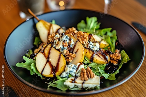 Fresh Pear and Gorgonzola Salad Served With Walnuts and Balsamic Glaze in a S...