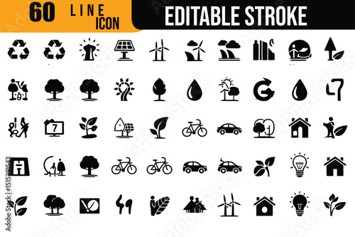 Sixty Line Icons Depicting Ecology Sustainability and Environment with Editable Stroke