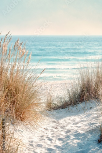 Beautiful Sandy Path Leading to a Tranquil Beach With Lush Grass and Soft Wav...