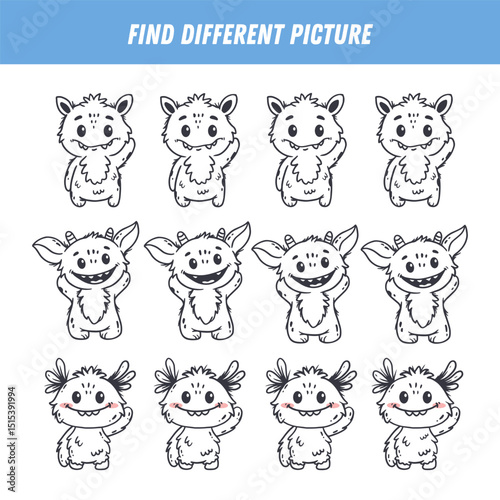 Find different monster each row. Logical game for kids. Cartoon monster. Doodle. Vector
