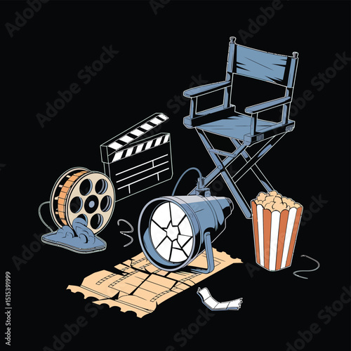 vector icons for cinema, Director's Chair , theatrical roles, video tape, cinema shattered spotlight, Theater Ticket
