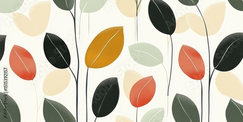 Colorful Foliage Pattern With Various Leaf Shapes and Colors on a Light Backg...