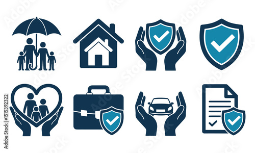 Insurance Icons Representing Family Home Protection Business Car and Legal Documents