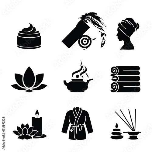 Spa and Wellness Icons Relaxation Beauty and Serenity in Black and White