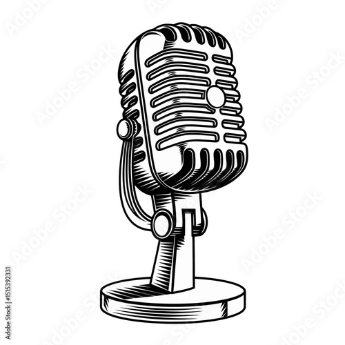 A retro-style microphone is depicted in black, showcasing intricate linework and shading to emphasize its vintage design