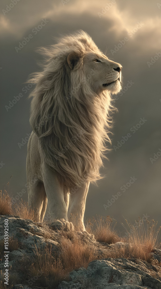 Fototapeta premium A majestic lion standing atop a rock, its mane flowing in the wind as it roars into the open savannah.