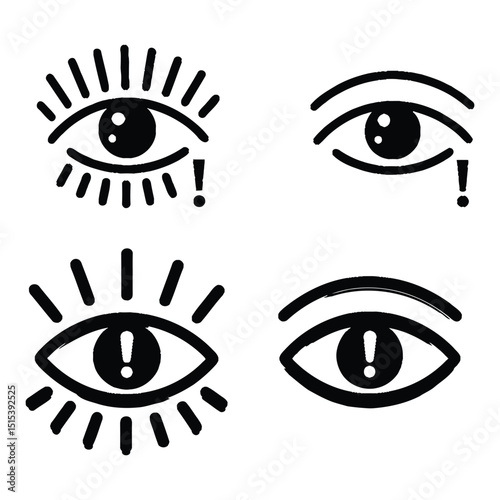 Four Stylized Eye Designs with Exclamation Points and Eyelashes in Black and White