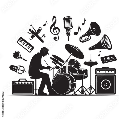 Black Color Music Silhouette Vector Illustration, Solid White Background