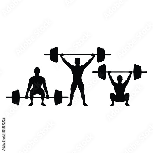 Weightlifting Silhouette Three Athletes Performing Olympic Lifts with Barbells on a White Background