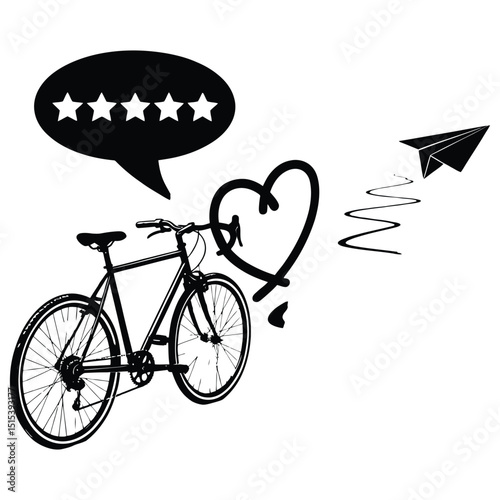 Bicycle with Five Star Rating Heart and Paper Airplane Illustration in Black and White