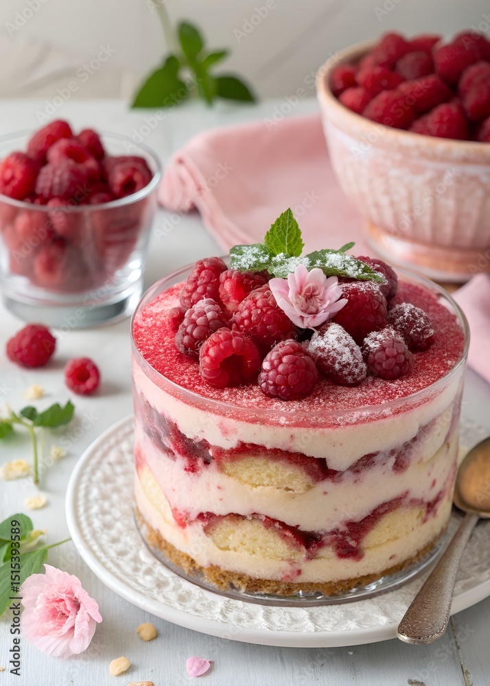 Vibrant Raspberry Tiramisu Dessert – Layered Cream, Fresh Berries, Elegant Glass Presentation Vibrant Raspberry Tiramisu Dessert – Layered Cream, Fresh Berries, Elegant Glass Presentation