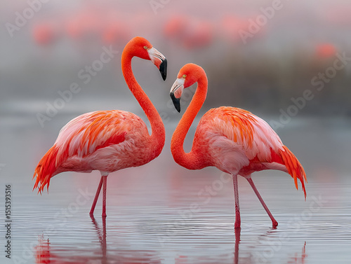 A pair of flamingos standing together in the shallow waters, their pink feathers reflecting beautifully in the calm water.