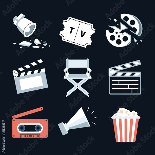 vector icons for cinema, Director's Chair , theatrical roles, video tape, cinema shattered spotlight, Theater Ticket
