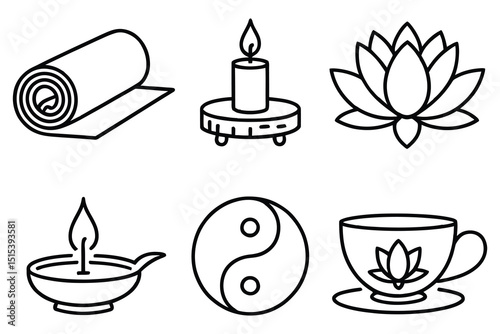 Wellness Icon Set Yoga Mat Candle Lotus Oil Lamp Yin Yang and Tea Cup