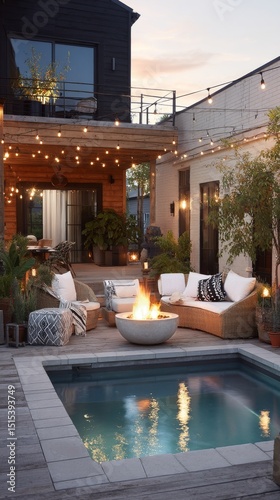 Cozy Gathering Around the Fire Pit in a Backyard Setting During Evening Time ...