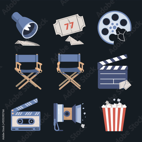 vector icons for cinema, Director's Chair , theatrical roles, video tape, cinema shattered spotlight, Theater Ticket

