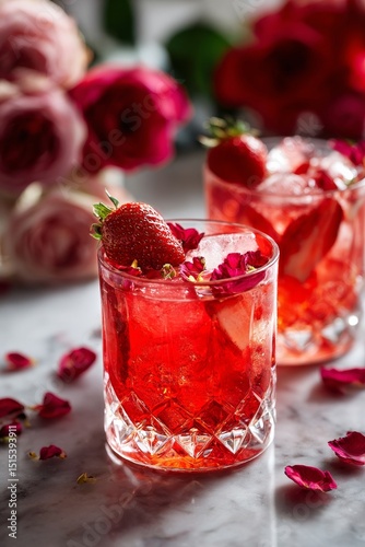 Delicious Strawberry Cocktails Served on a Marble Table With Colorful Rose Pe...