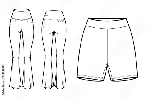 Technical Fashion Drawing High Waisted Flare Pants and Shorts Design Illustration