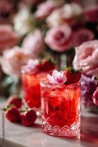 Refreshing Strawberry Drinks Served With Floral Decor in a Cozy Setting