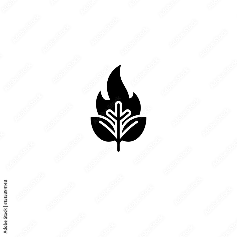 Fototapeta premium Vector icon of plant and fire together as symbol of biomass, bioenergy and sustainable fuels. Production and generation of sustainable resources