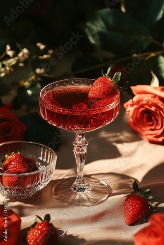 Elegant Cocktail With Strawberries Served Beside Red Roses on a Dark Table