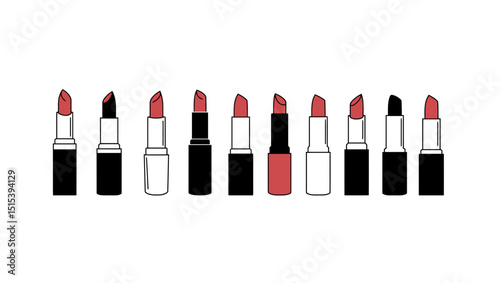 Collection of lipstick tubes, vector in red, white and black colors for lip skin care. Cosmetic products and beauty salon concept, make-up artist and stylist services
