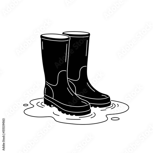 Vector of waterproof rubber boots standing in puddle of water. Seasonal concept, rainy spring. Having fun running inder rain 