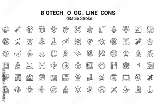 Collection of Biotechnology and Science Line Icons with Editable Stroke for Design Projects