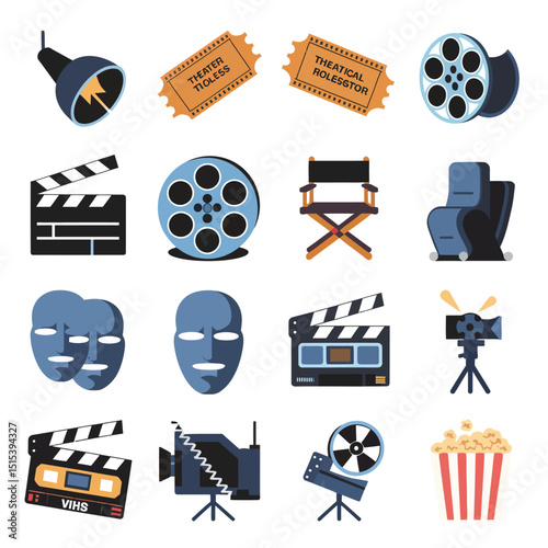 vector icons for cinema, Director's Chair , theatrical roles, video tape, cinema shattered spotlight, Theater Ticket
