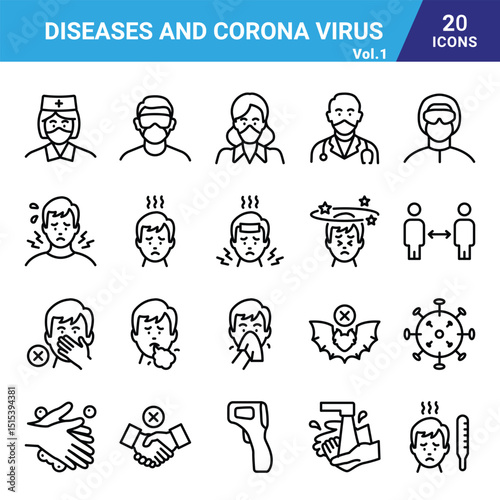 Diseases and coronavirus icon set for commercial use.