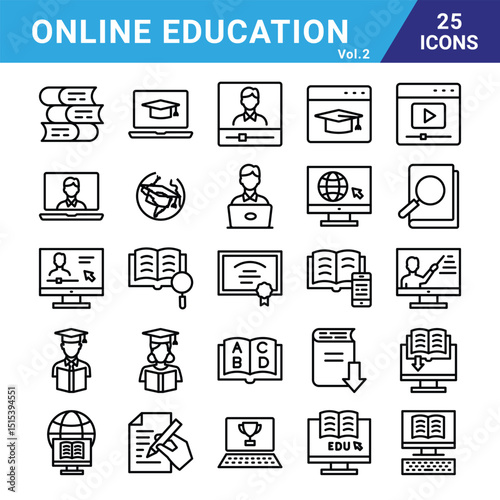 Online education line icons for web and mobile app. E-learning, video tutorial, knowledge, study, school, university, webinar, online education, illustrations