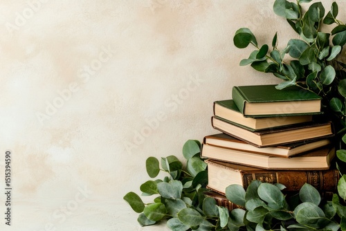 Stacked Books Surrounded by Green Leaves on a Neutral Background in a Cozy Se...