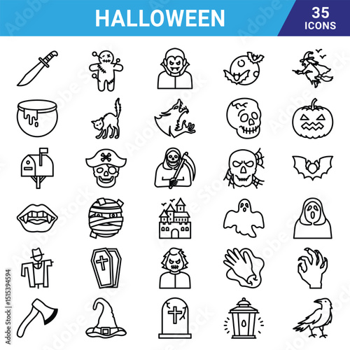 Happy Halloween day minimalistic flat vector. Cute collection of spooky ghost, pumpkin, bat, cat, skull, spider, grave, castle. Adorable Halloween festival elements for decoration, prints.