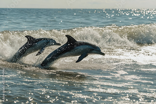 A playful group of dolphins jumping from the ocean in a synchronized arc, with waves sparkling under the midday sun. photo