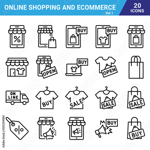 Online shopping and ecommerce icon set for commercial use.