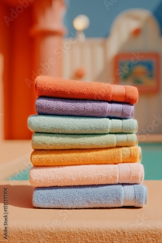 Colorful Stacked Towels by a Serene Swimming Pool During Sunny Afternoon