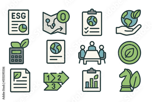 Environmental sustainability icons featuring earth, charts, and green symbols