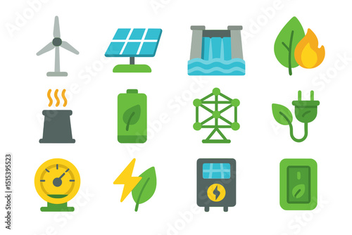 Renewable energy icons: wind, solar, hydro, and eco-friendly power symbols