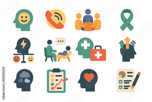 Mental health icons: therapy, counseling, support, awareness, growth