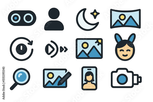 Icon set featuring moon, camera, landscape, person, and magnifying glass
