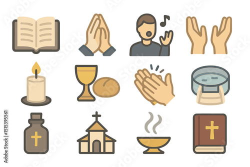 Christian worship symbols: prayer, communion, singing, bible, church icons