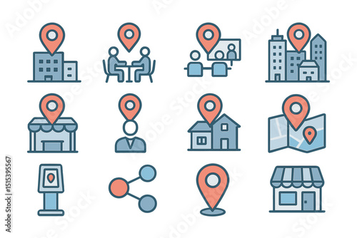 Location icons representing business, communication, maps, and urban buildings
